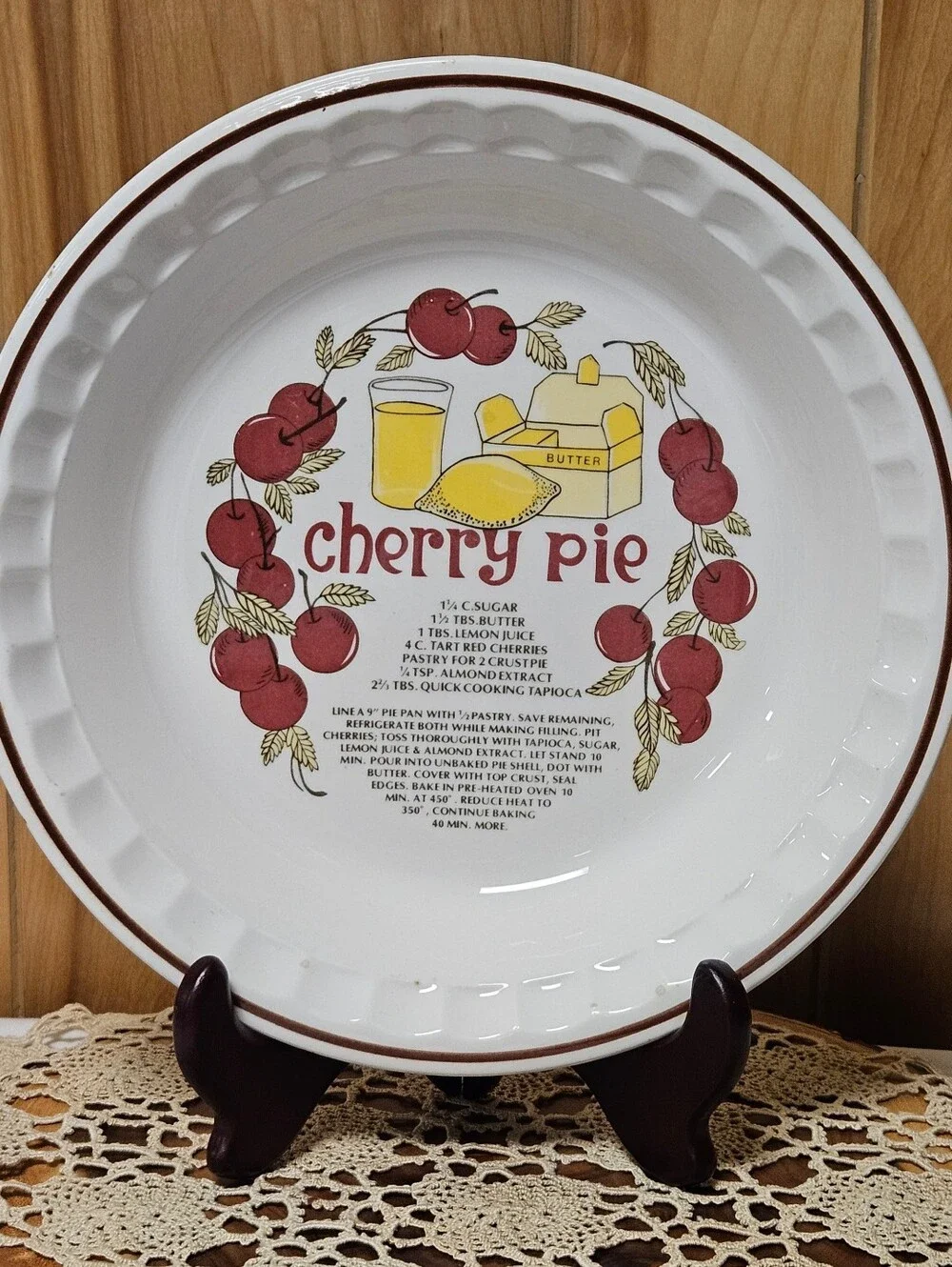 Vintage Hankook Korea Ceramic Deep Dish Cherry Pie Plate With Printed Recipe